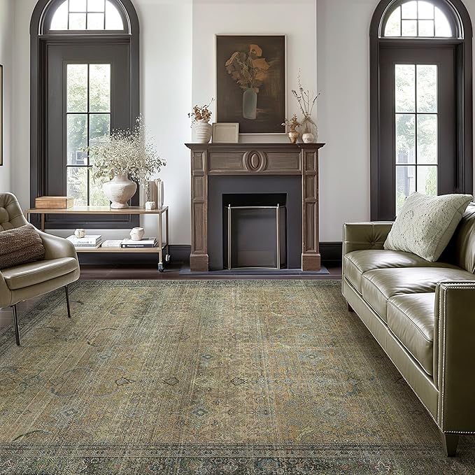 9X12 Area Rugs Machine Washable Rugs for Living Room, Vintage Boho Large Rugs for Bedroom Dining Room, Non Slip Indoor Soft Distressed Lightweight Thin Low Pile Carpet, Vintage Sunset