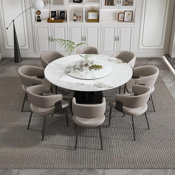 Ball & Cast 9-Piece Dining Set,Faux Marble Table with Detachable Rotating Tray & 8 PU Leather Chairs,Modern Kitchen Dining Room Table Set w/Stainless Steel Base,for Restaurant & Home,Grey