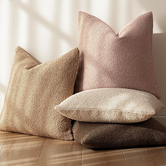 Foindtower Set of 2, Decorative Textured Boucle Throw Pillow Covers Accent Solid Pillow Cases Soft Cozy Couch Cushion Case for Chair Sofa Bedroom Living Room Home Decor 22 x 22 Inch Light Pink