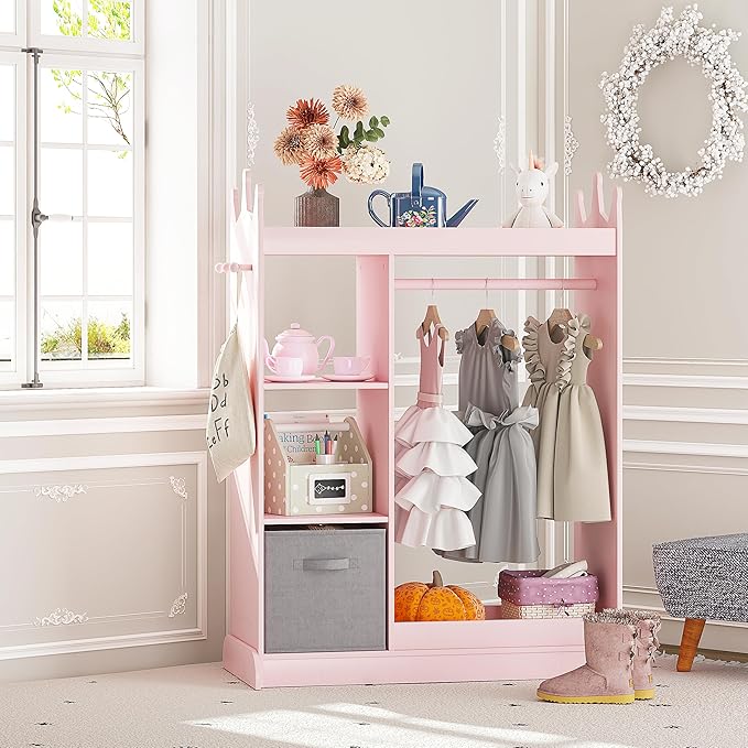 UTEX Kids Armoire Wardrobe Closet with Mirror and Storage Bin, Pink, 33.4 in W x 15.75 in D x 44.5 in H
