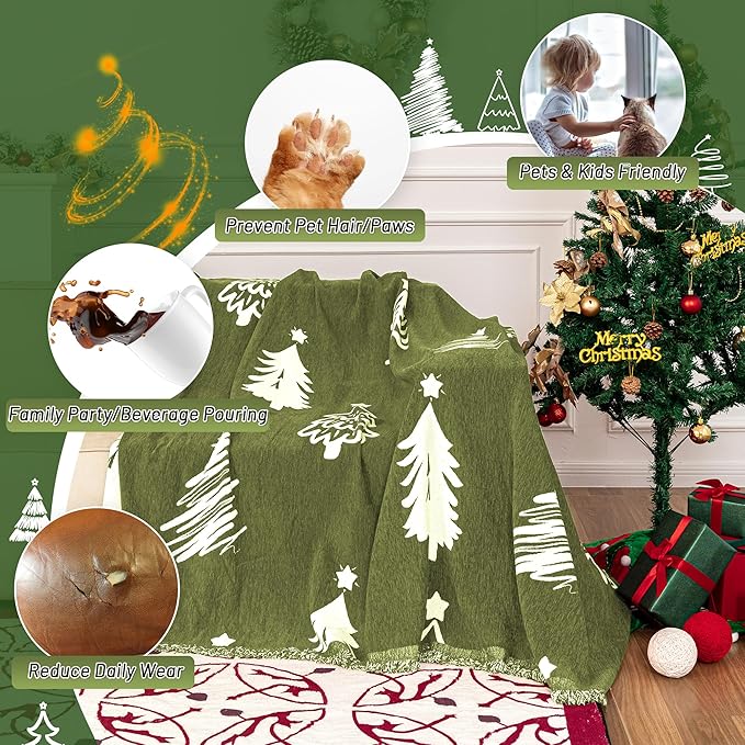 MYSKY HOME 71"X102" Chair Christmas Couch Cover, Sectional Sofa Covers Sofa Slipcover for 1 Cushion Couch, L Shape Couch Covers for Dogs, Kids, Washable Sofa Blanket, Furniture Protector, Green