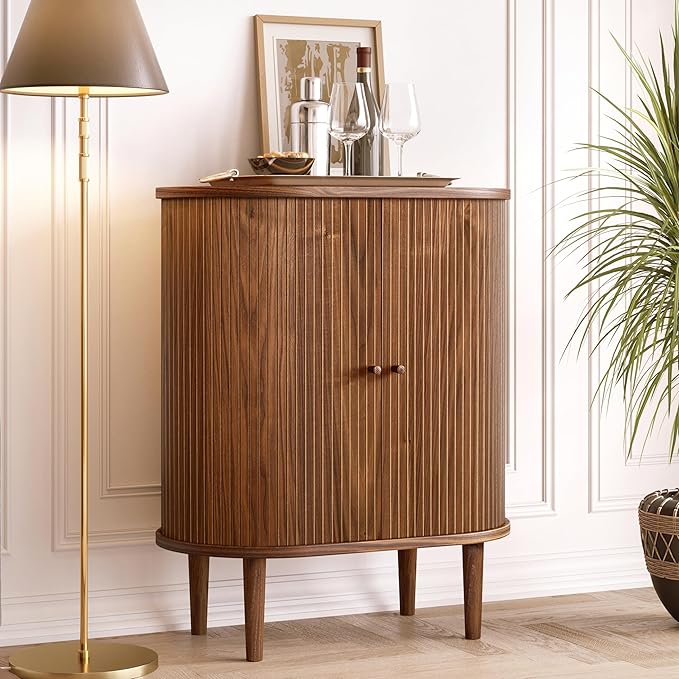WERMO 28'' Bar Cabinet with Storage - Coffee and Wine Bar Buffet Cabinet with Sliding Doors and Adjustable Shelves. Sideboard Storage Cabinet, Dining Room Cabinet for Kitchen and Living Room (Walnut)