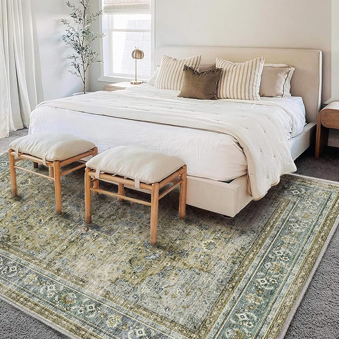 Washable Area Rug 9'x12' Boho Design Non-Shedding Easy Care Ideal for High Traffic Areas in Living Room Bedroom Office Coffee Table Kitchen Large Carpet