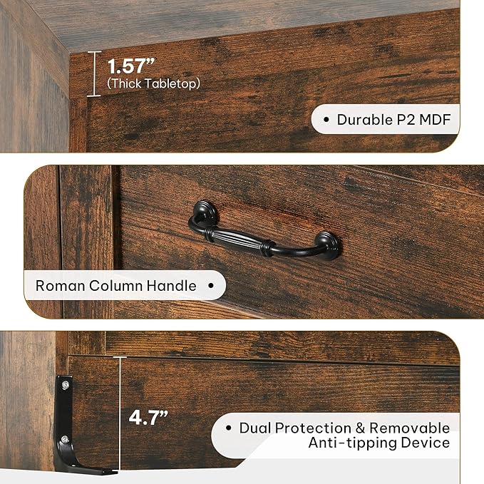 YITAHOME Rustic Brown Drawers TV Stand for 65 inches with Power Outlets -Chest of Drawers Dresser with Side Organizer Bag Entertainment Center TV Console
