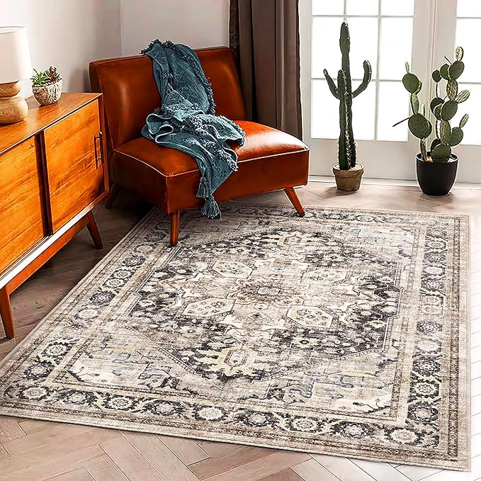 Area Rug 5'x7' Black-Purple Khaki Washable Vintage Traditional Floor Cover Thin Retro Kitchen Indoor Distressed Non Slip Carpet for Living Room Bedroom Dining Room