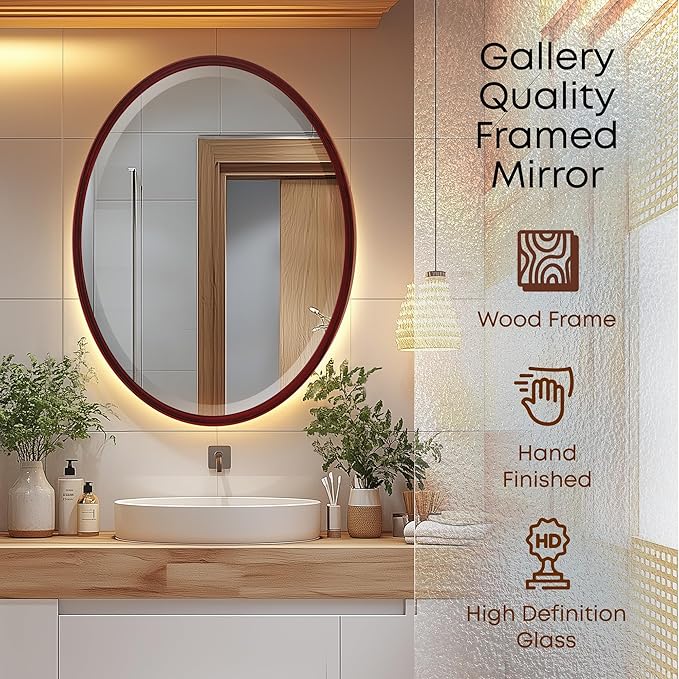 OVALCREST - Oval Wooden Beveled Wall Mirror for Home Decor, Bathroom, Vanity, Bedroom, Living Room, Hallway - London Style (Black Cherry) 21.1 x 25.1