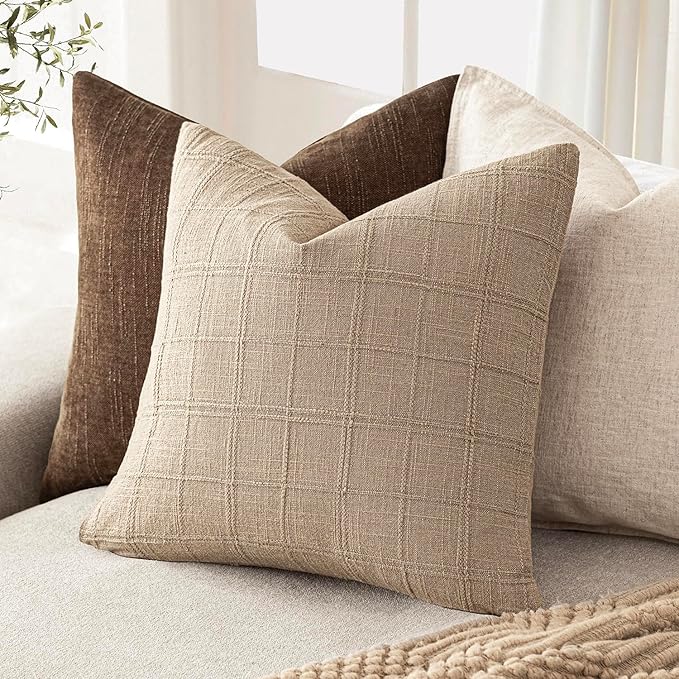 Foindtower Set of 2 Decorative Linen Check Throw Pillow Covers Neutral Farmhouse Vintage Cushion Covers Modern Coastal Boho Home Decor For Sofa Chair Couch Bedroom Living Room Outdoor,24×24 Inch,Camel