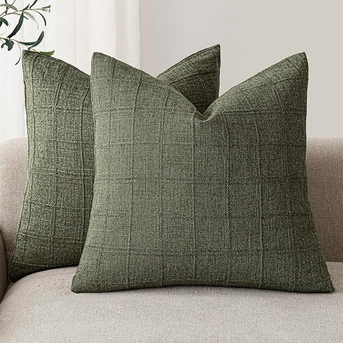 Foindtower Set of 2 Decorative Linen Check Throw Pillow Covers Neutral Farmhouse Vintage Cushion Covers Modern Boho Home Decor for Sofa Chair Couch Bedroom Living Room Outdoor,18×18 Inch,Olive Green
