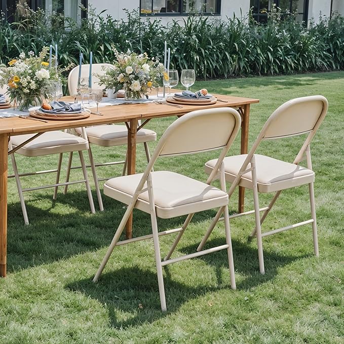 HealSmart 4 Pack Folding Chairs with Leather Padded Cushion Seats & Durable Metal Frame, Comfortable, Foldable, Portable, Commercial Event Seat, Indoor Outdoor for Home, Parties, Office, Kahki