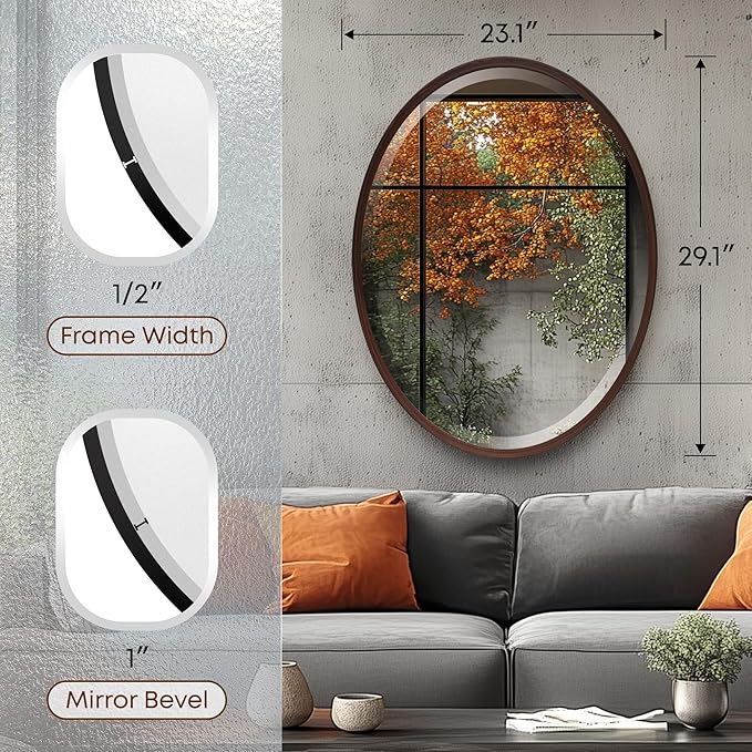 OVALCREST - Oval Wooden Beveled Wall Mirror for Home Decor, Bathroom, Vanity, Bedroom, Living Room, Hallway - London Style (Black Walnut) 23.1 x 29.1