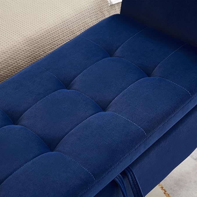 Furniliving Storage Ottoman Bench, Velvet Benches End of Bed Bench with Solid Wood Legs Upholstered Ottoman Bench with Storage Indoor Bench for Living Room with Rolled Arm, Entryway, NavyBlue