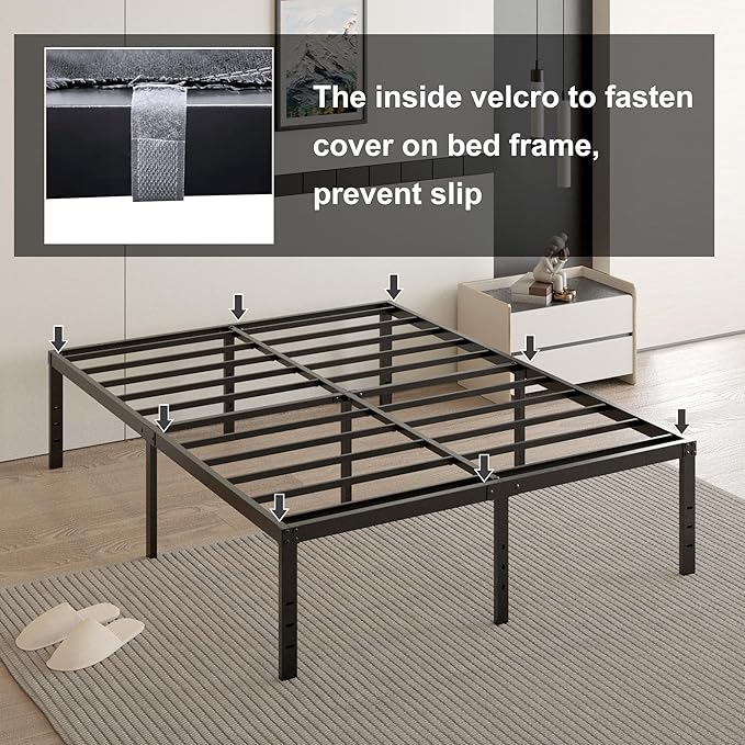 18 Inch Queen Bed Frame with Black Bed Cover, Metal Bed Frames Queen Size No Box Spring Needed, Heavy Duty Mattress Foundation, Easy Assembly, Noise Free