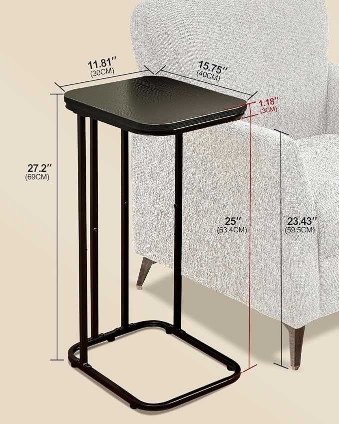 C Shaped End Table Set of 2, Small Side Table for Sofa and Bed, Couch Tables That Slide Under, Tall Tv Tray Table for Living Room, Bedroom, Ebony Black