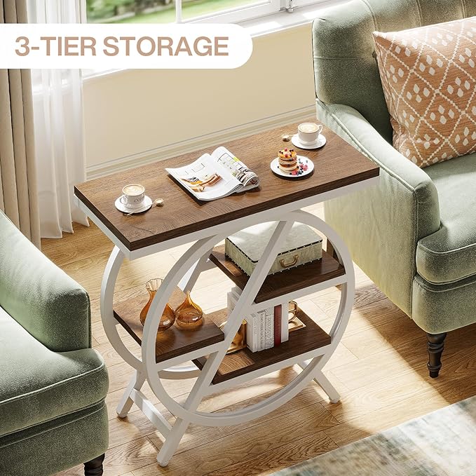 Tribesigns End Table for Living Room, 3-Tier Narrow Side Table with Storage, Wood Sofa Side Table with Geometric Metal Frame, Industrial Nightstand and Bedside Table for Bedroom (Light Brown+White)