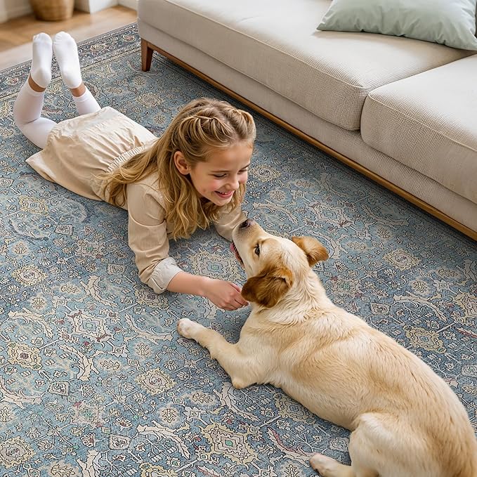 6X9 Area Rugs Machine Washable Rugs for Living Room, Vintage Boho Large Rugs for Bedroom Dining Room, Non Slip Indoor Soft Distressed Lightweight Thin Low Pile Carpet, Vintage Blue