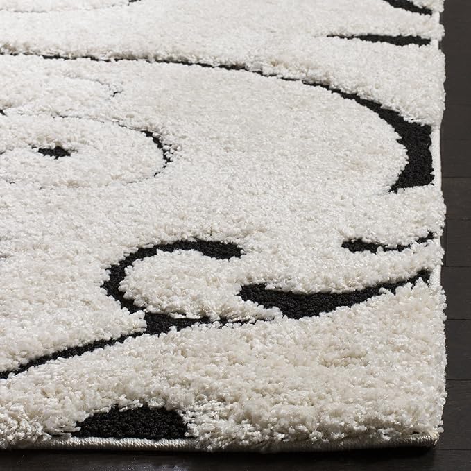 SAFAVIEH Florida Shag Collection Runner Rug - 2'3" x 7', Ivory & Black, Scroll Design, Non-Shedding & Easy Care, 1.2-inch Thick Ideal for High Traffic Areas in Living Room, Bedroom (SG455-1290)