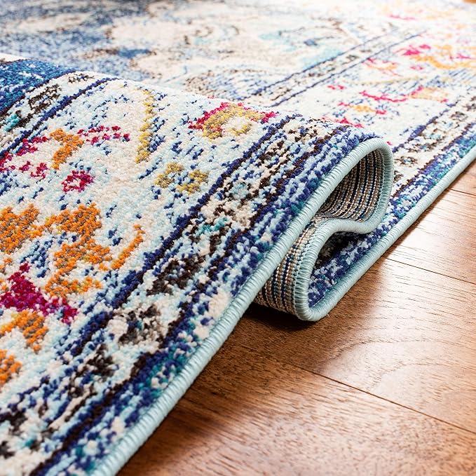 SAFAVIEH Monaco Collection Accent Rug - 4' x 5'7", Navy & Light Blue, Medallion Distressed Design, Non-Shedding & Easy Care, Ideal for High Traffic Areas in Entryway, Living Room, Bedroom (MNC243N)