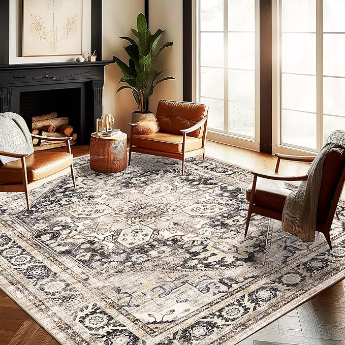 Washable Area Rug 9'x12' Black-Purple Khaki Retro Flowers Boho Design Non-Shedding Easy Care Ideal for High Traffic Areas in Living Room Bedroom Office Coffee Table Kitchen Large Carpet