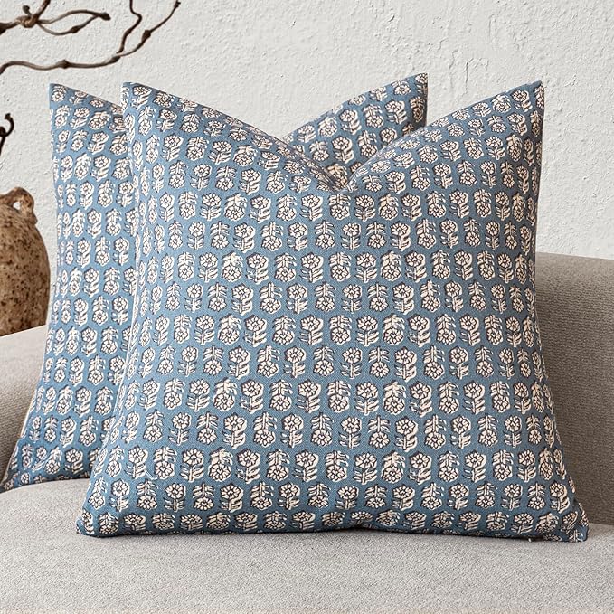 Foindtower Set of 2 Decorative Neutral Floral Print Throw Pillow Covers Vintage Accent Farmhouse Cushion Covers Boho Home Decor for Sofa Couch Chair Bedroom Living Room Outdoor,24×24 Inch,Dusty Blue