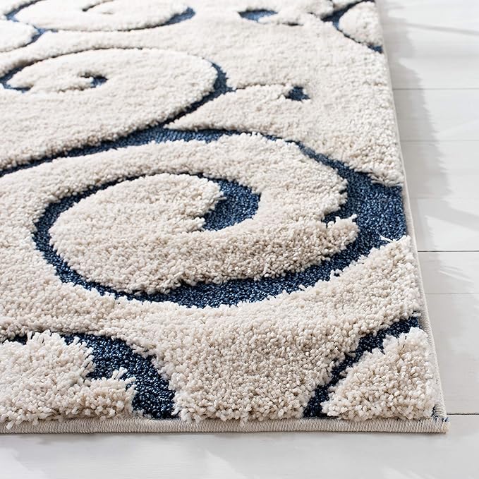 SAFAVIEH Florida Shag Collection Area Rug - 9' Square, Cream & Blue, Scroll Design, Non-Shedding & Easy Care, 1.2-inch Thick Ideal for High Traffic Areas in Living Room, Bedroom (SG455-1165)