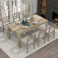 7 Pieces Dining Table Set with 6 Upholstered Chairs,Living Room Desk W/ 2 Drawers and 71.5" Rectangle Extendable Leaf,for Restaurant,Home Bistro,Natural Wood Wash