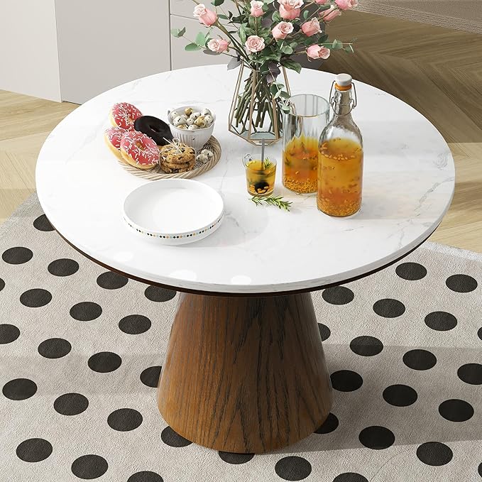 Wooden Kitchen Round Dining Table for 4-6, Round Kitchen Table with Circular Tabletop with Wood Pedestal Base, Rustic Farmhouse Furniture