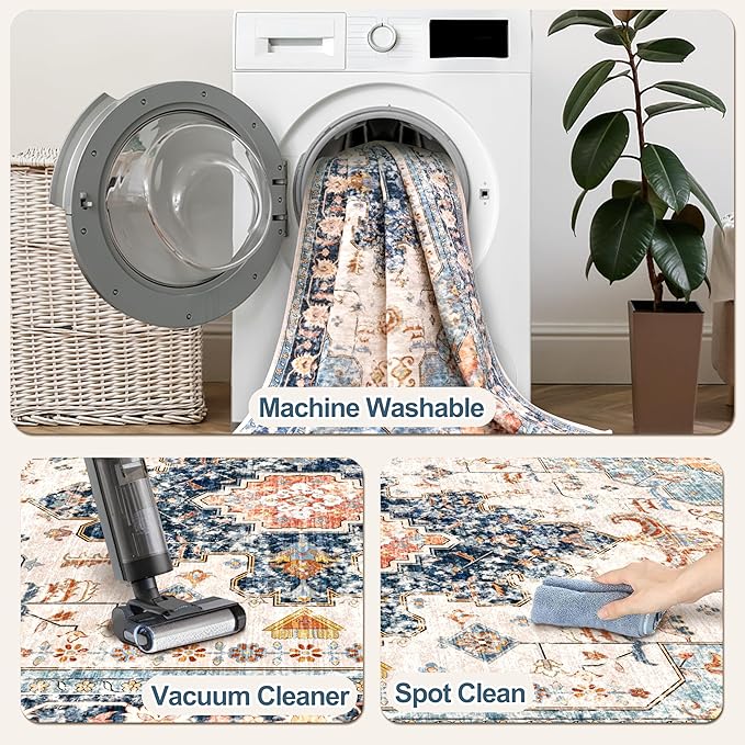 Tangsoo 5x7 Area Rug Washable Rug for Living Room, Vintage Rug Indoor Non Slip Large Area, Print Distressed Blue Carpet, Soft Low Pile Foldable Floor for Bedroom Dining Room Dorm
