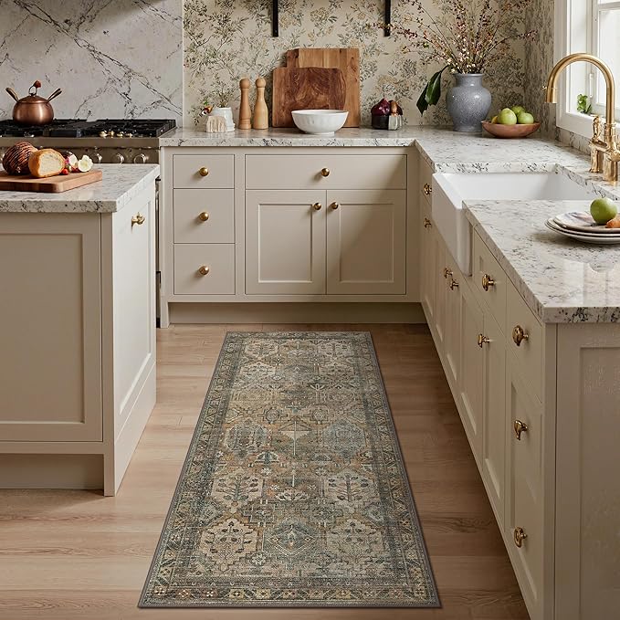 GENIMO 2x7 Runner Rugs for Hallway, Machine Washable Non Slip Vintage Rugs, Low Pile Lightweight Soft Print Rug for enrtyway, Corridor, Home Office, Kitchen, Warm Taupe