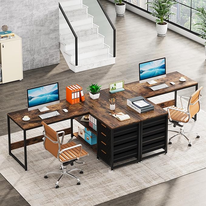 LITTLE TREE 59-Inch L Shaped Desk with Drawers, Large Computer Desk with Storage Shelves, Reversible L-Shaped Corner Desk Workstation for Home Office