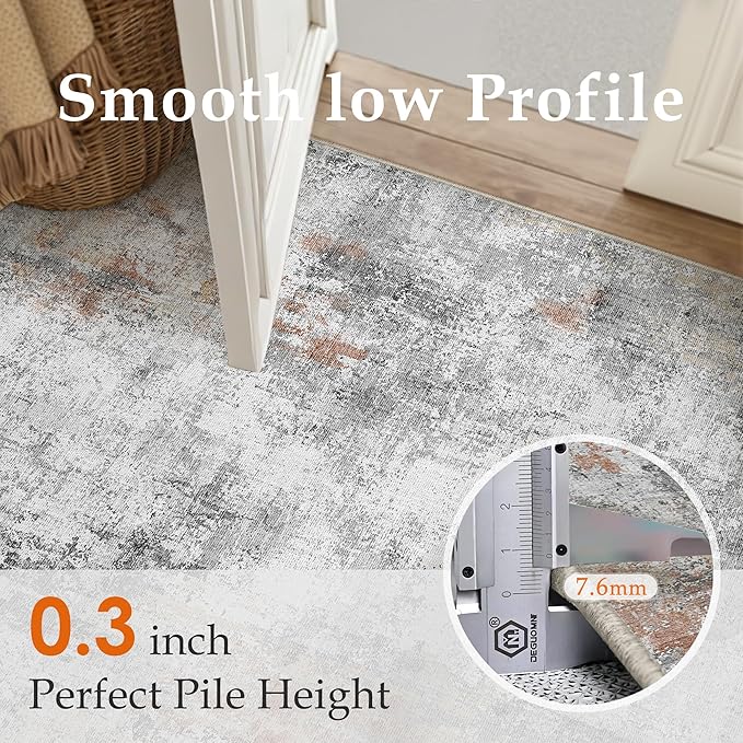 5x7 Washable Area Rug Grey Rust Modern Neutral Abstract Living Room Bedroom Indoor Floor Carpet Low Pile Soft Non-Slip Lightweight Vacuumable Throw Rug for Kitchen Dining Room