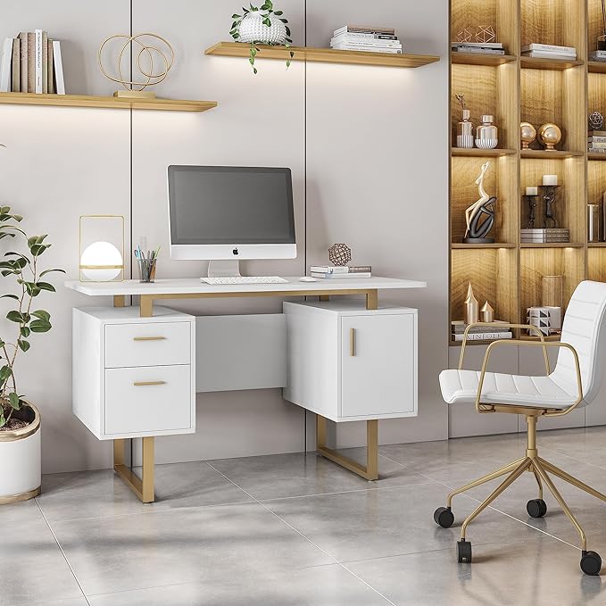 Techni Mobili Storage Drawers and Cabinet 51.25” W-Modern Office Large Floating Desktop Surface Desk, 23.6" D x 51.2" W x 29.8" H, White/Gold
