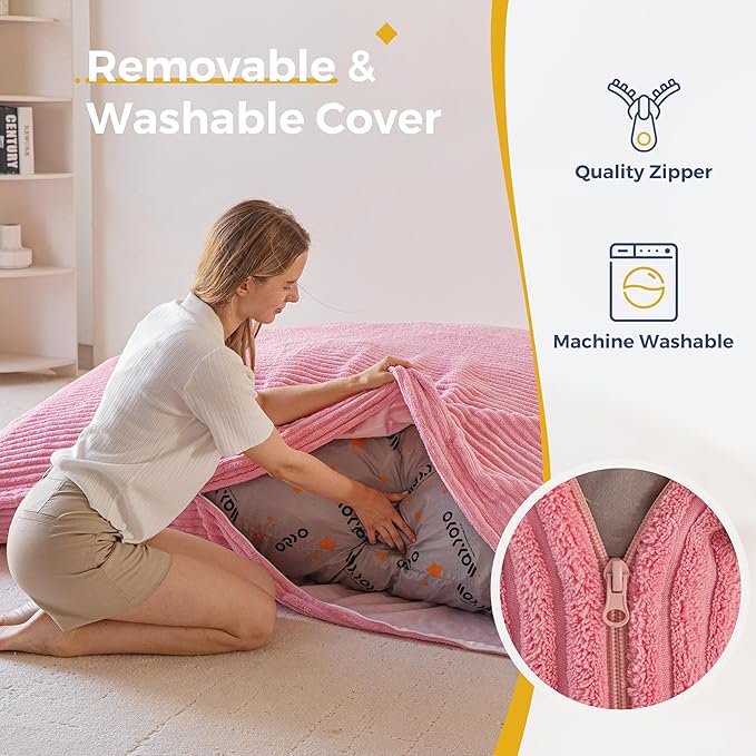 MAXYOYO Giant Bean Bag Chair with Pillow, 3 in 1 Convertible Bean Bag Chair for Adults with Washable Cover, Removable Floor Cushion Stuffed Floor Lounger for Living Room Bedroom, Pink, Full