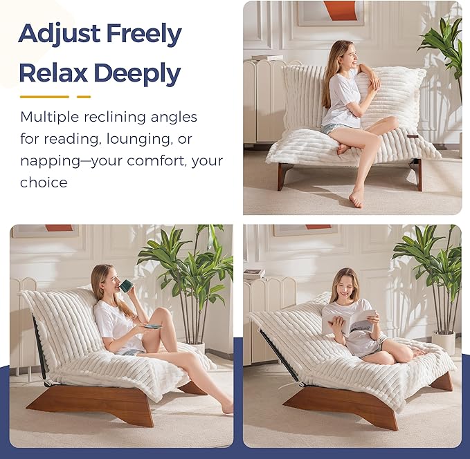 MAXYOYO Adjustable Living Room Chair, 3-Position Bean Bag Chair with Removable Cover, Upholstered Accent Chair with Frame, Soft Reclining Lounge for Bedroom, Apartment, Office, Beige