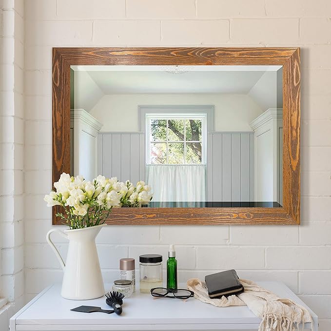 Maple Rustic Mirror Rectangular Barnwood Framed Wall Mirror for Home Decor, Vertical or Horizontal Hanging, 41x29