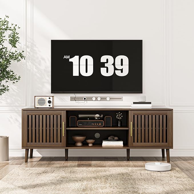 Smuxee Walnut TV Stand with Grille Striped Design, 62.99" Mid Century Modern TV Media Console for TVs up to 70", TV Cabinet with Adjustable Shelf & 2 Cabinets for Living Room
