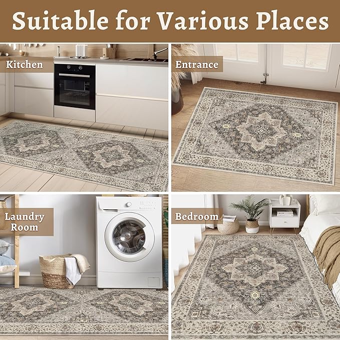 Tangsoo 2x10 Washable Runner Rug for Hallways, Non Slip Vintage Runner Rug, Soft Low Pile Long Runner, Print Distressed Brown/Grey Carpet Runners for Kitchen Bedroom Entryway Bathroom Living Room