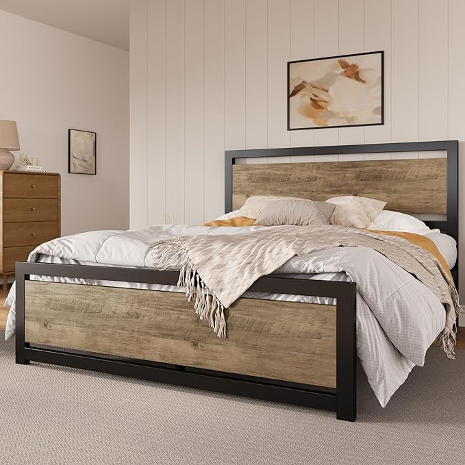 SHA CERLIN Full Size Bed Frame with Modern Headboard, Heavy Duty Platform Metal Base with Square Footboard and 13 Strong Slats Support, No Box Spring Needed, Brown