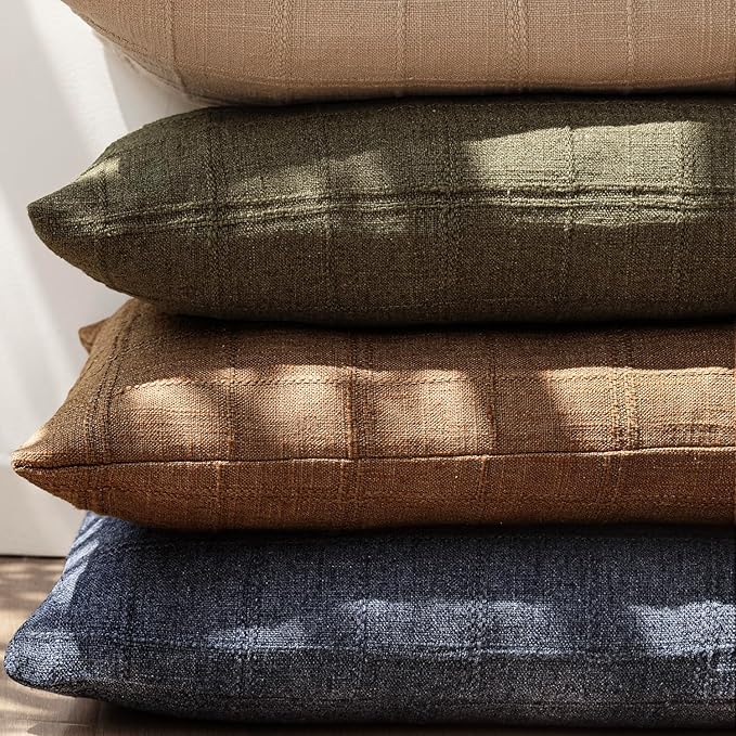 Foindtower Set of 2 Decorative Linen Check Throw Pillow Covers Neutral Farmhouse Vintage Cushion Covers Modern Boho Home Decor for Sofa Chair Couch Bedroom Living Room Outdoor,16×16 Inch,Navy Blue