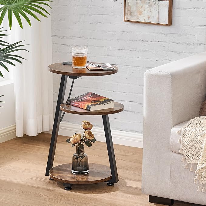 BEWISHOME Round End Table with Charging Station, Side Table Accent Nightstand Bedside Table with 3-Tier Shelves, Small Couch Table for Living Room Bedroom Rustic Brown KTZ51Z