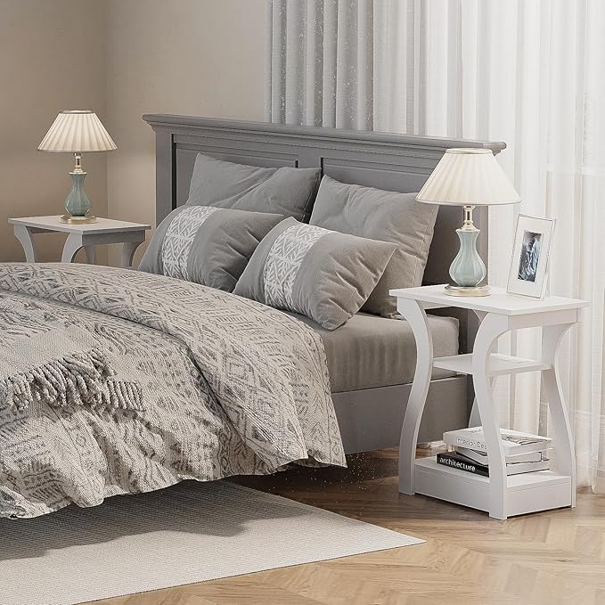 End Tables Living Room Set of 2,End White Table with Charging Station, Side Table, Nightstand for Bedroom, 3 Tier End Table with Storage Shelf for Living Room White