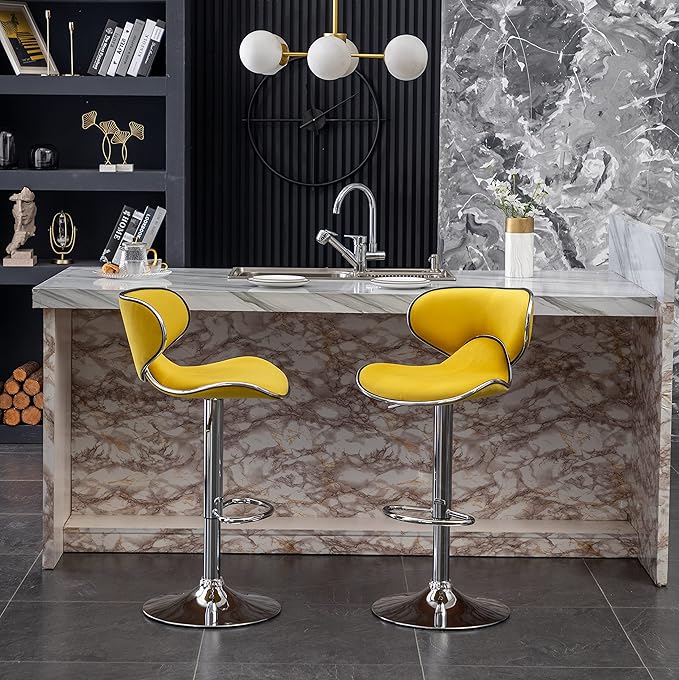 Roundhill Furniture Masaccio Velvet Upholstered Adjustable Swivel Barstool, Set of 2, Yellow