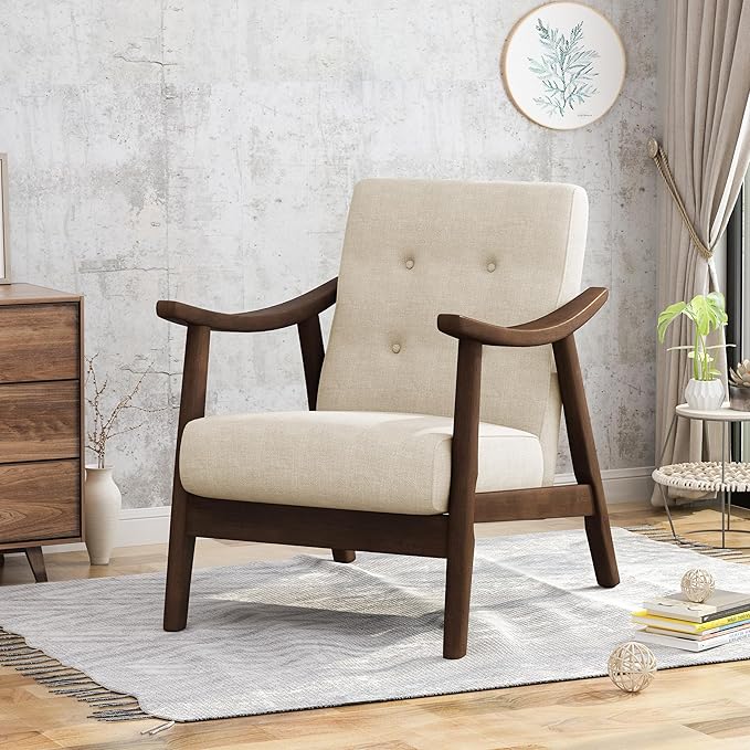 Ball & Cast Accent Chair Wide Armrest Mid-Century Lounge Living Room Chairs with Button Tufting,Wood Frame Seating Furniture for Bedroom,Apartment,Beige