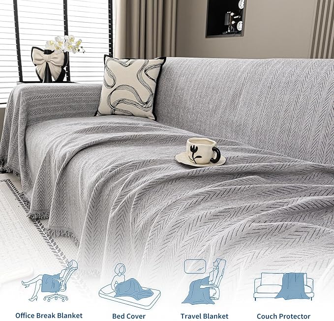 Nobildonna Sofa Cover Washable Soft Thicken Chenille Couch Cover with Tassel,Waterproof Sofa Slipcover for 3-4 Cushion Couch,Sectional Sofa,L-Shaped Furniture Protector Pet-Friendly,Gray 71"x150"