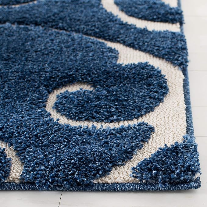 SAFAVIEH Florida Shag Collection Runner Rug - 2'3" x 7', Dark Blue & Cream, Scroll Design, Non-Shedding & Easy Care, 1.2-inch Thick Ideal for High Traffic Areas in Living Room, Bedroom (SG455-6511)