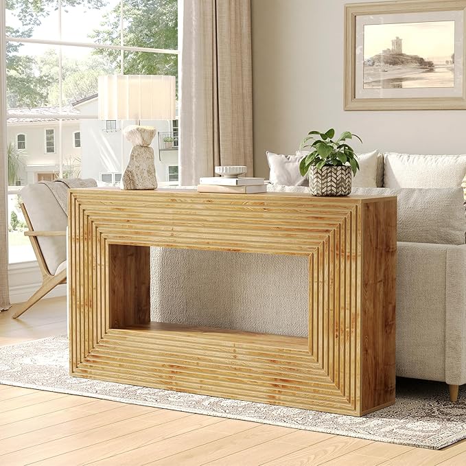 LITTLE TREE 59-Inch Console Table with Storage, 2-Tier Farmhouse Fluted Sofa Table Behind Couch, Large Narrow Entryway Furniture for Living Room, Foyer (Light Walnut)