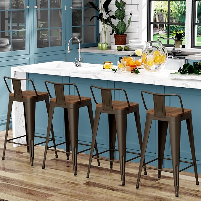 WENTMENT Industrial Rusty Bar Stools Set of 4, 24" Counter Height, Wooden Seat, Removable Back, Stackable