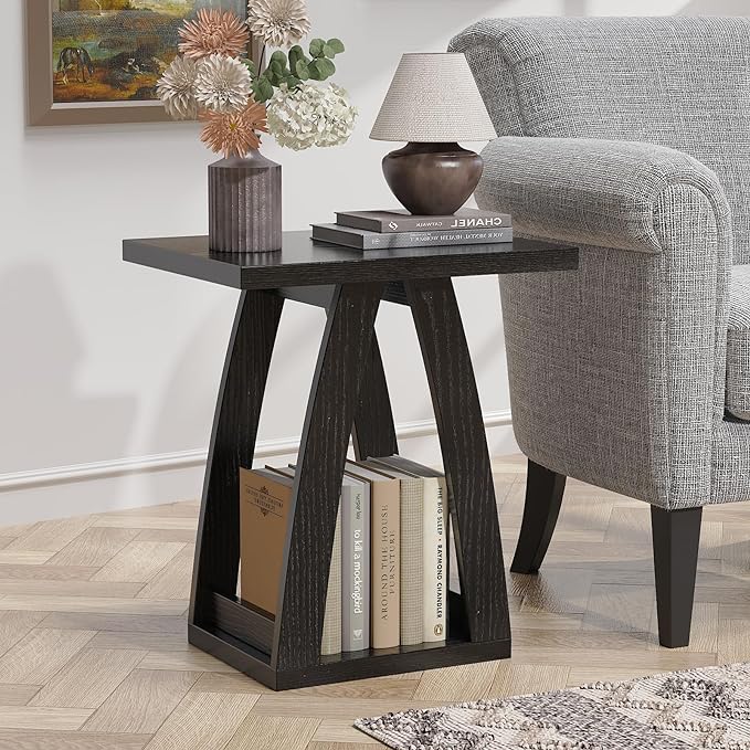 End Tables Living Room, Side Table Beside Sofa, Nightstand for Bedroom, Couch Side Table with Shelf, Modern End Table for Living Room, Black End Table Set of 2