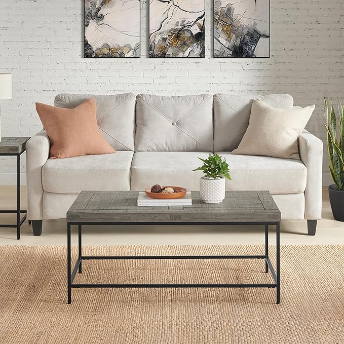 Alaterre Furniture Coffee Table - Industrial Modern Table with Wood Top and Metal Base - Furniture for Living Room, Apartment, or Dorm Room (Gray)