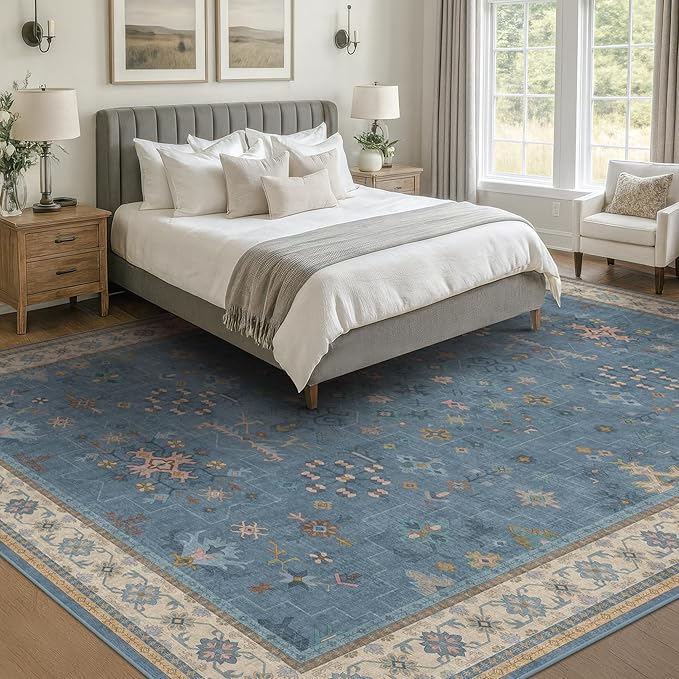 Blue Big Rugs for Living Room - Dusty Blue 10x12 Area Rug for Large Bedroom, Dining Room, Washable Lightweight Foldable Floral Modern Home Décor