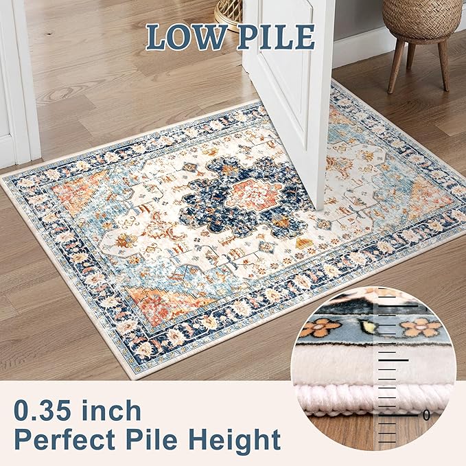 Tangsoo 2.6x8 Washable Runner Rug for Hallways, Non Slip Vintage Rug, Soft Low Pile Long Runner, Blue Carpet Runners for Kitchen Bedroom Entryway Bathroom Living Room